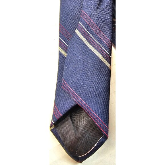 Lanvin Mens Navy Blue Striped Silk Tie With Red & Yellow Accents - Picture 2 of 8